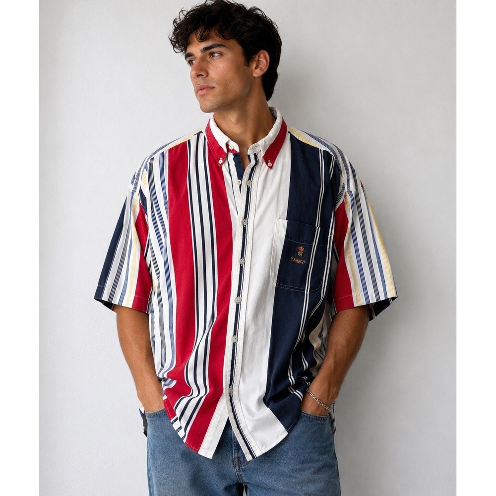 VINTAGE CHAPS RALPH LAUREN Striped Short Sleeve Large Shirt -2025